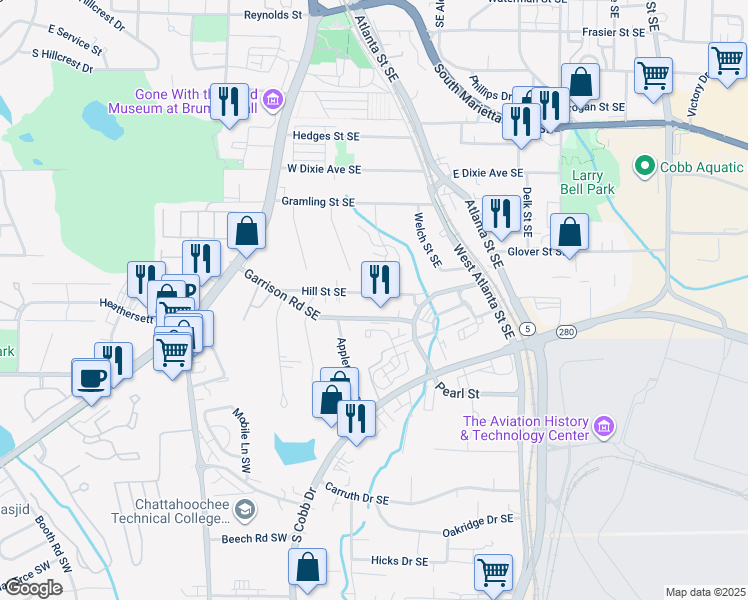 map of restaurants, bars, coffee shops, grocery stores, and more near 183 Hill Street Southeast in Marietta