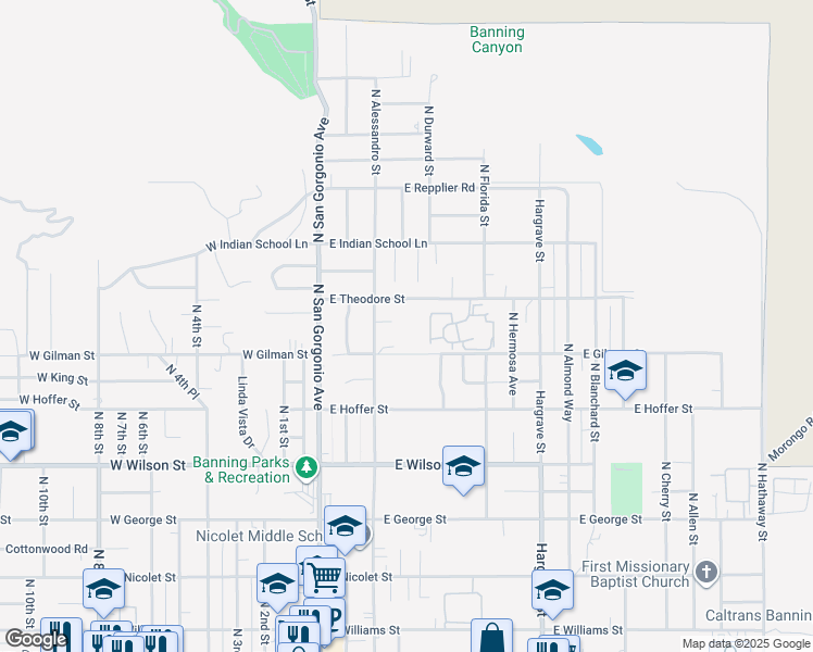 map of restaurants, bars, coffee shops, grocery stores, and more near 310 East Theodore Street in Banning