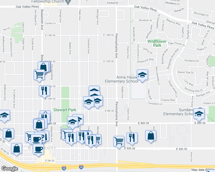 map of restaurants, bars, coffee shops, grocery stores, and more near East 11th Street & Massachusetts Avenue in Beaumont