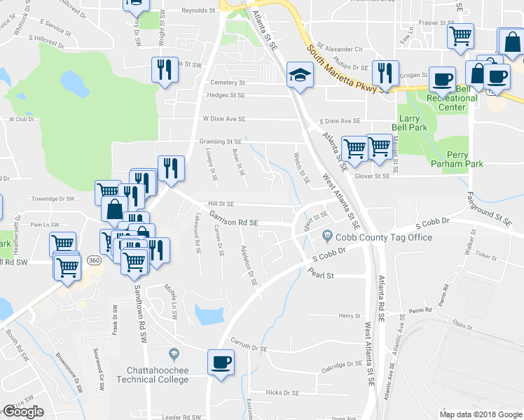 map of restaurants, bars, coffee shops, grocery stores, and more near 166 Hill Street Southeast in Marietta