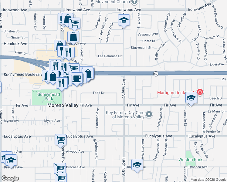 map of restaurants, bars, coffee shops, grocery stores, and more near 25430 Todd Drive in Moreno Valley