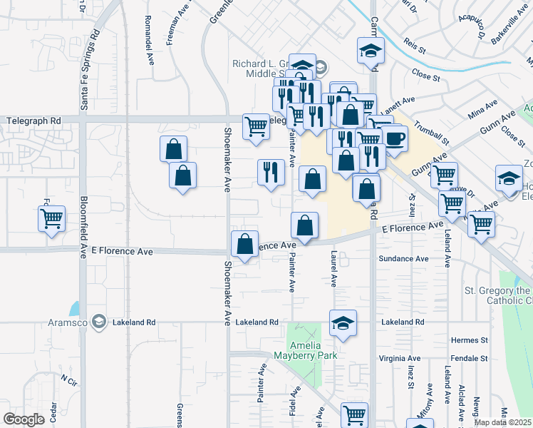 map of restaurants, bars, coffee shops, grocery stores, and more near 13168 Sandoval Street in Santa Fe Springs