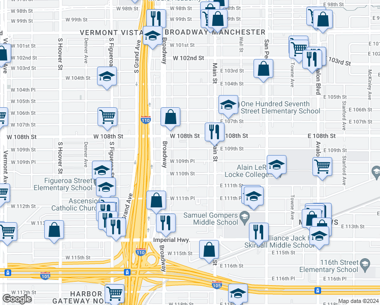 map of restaurants, bars, coffee shops, grocery stores, and more near 10904 South Spring Street in Los Angeles