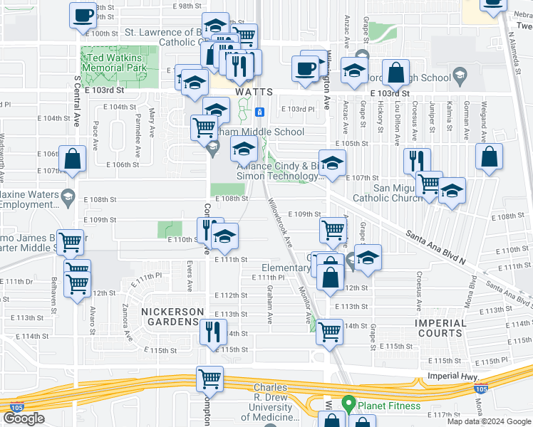 map of restaurants, bars, coffee shops, grocery stores, and more near 10810 Willowbrook Avenue in Los Angeles