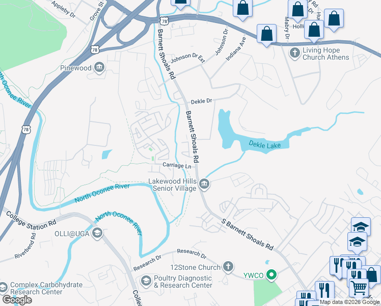 map of restaurants, bars, coffee shops, grocery stores, and more near 660 South Barnett Shoals Road in Athens