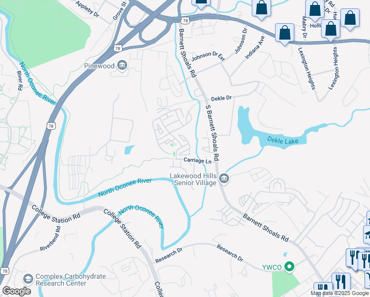 map of restaurants, bars, coffee shops, grocery stores, and more near 490 South Barnett Shoals Road in Athens
