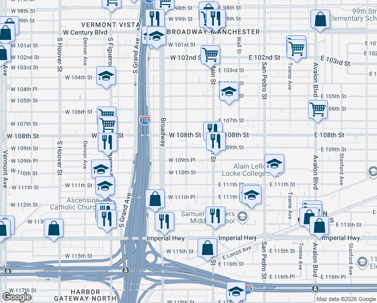 map of restaurants, bars, coffee shops, grocery stores, and more near 10904 South Spring Street in Los Angeles