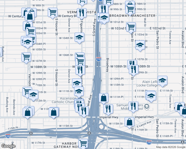 map of restaurants, bars, coffee shops, grocery stores, and more near 400 West 109th Street in Los Angeles