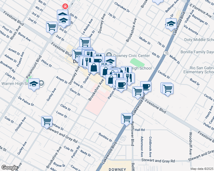 map of restaurants, bars, coffee shops, grocery stores, and more near in Downey
