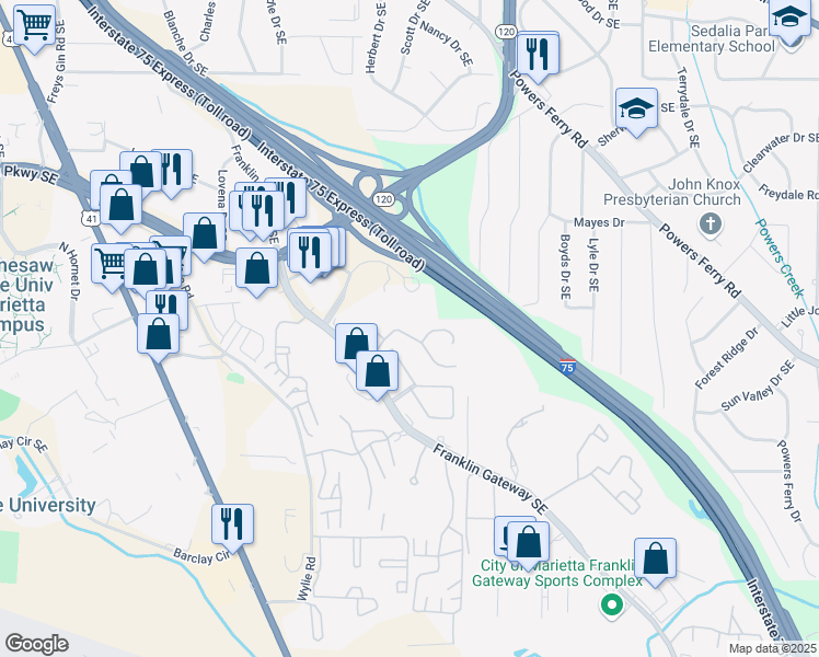map of restaurants, bars, coffee shops, grocery stores, and more near 1723 Twin Brooks Drive Southeast in Marietta