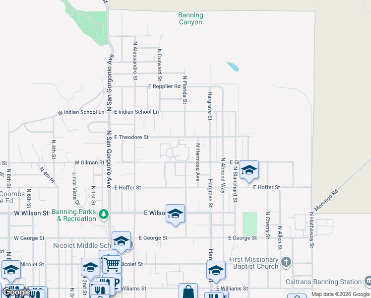 map of restaurants, bars, coffee shops, grocery stores, and more near 1228 Vista Serena Avenue in Banning