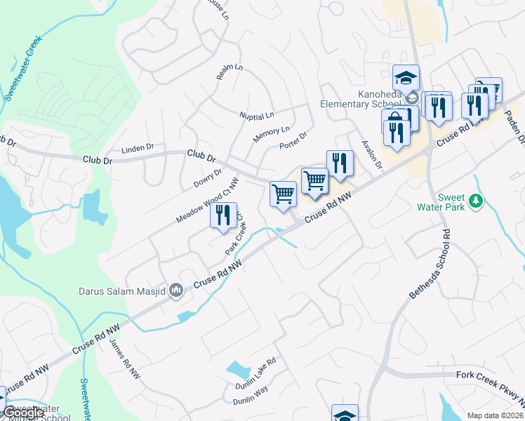 map of restaurants, bars, coffee shops, grocery stores, and more near 2945 Cruse Road Northwest in Lawrenceville