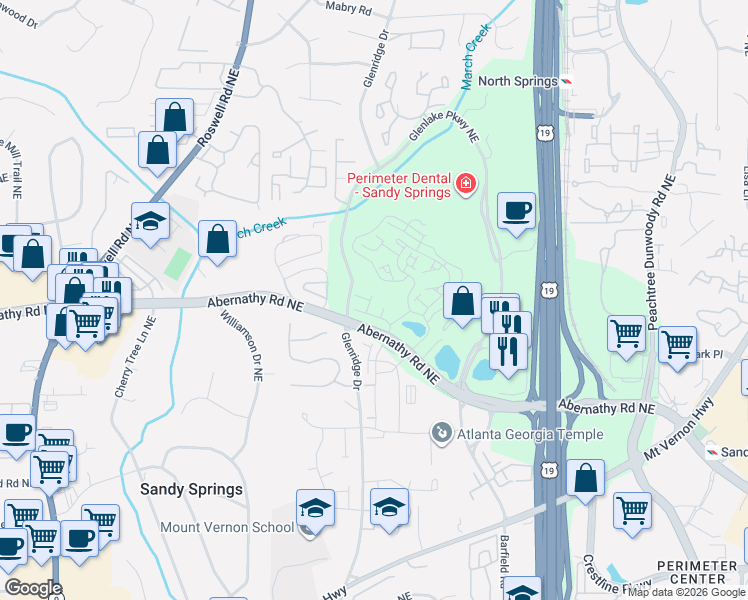 map of restaurants, bars, coffee shops, grocery stores, and more near 6701 Glenridge Drive in Sandy Springs
