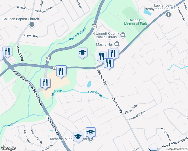 map of restaurants, bars, coffee shops, grocery stores, and more near 202 August West Way in Lawrenceville
