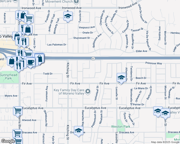 map of restaurants, bars, coffee shops, grocery stores, and more near 12638 Juneberry Court in Moreno Valley