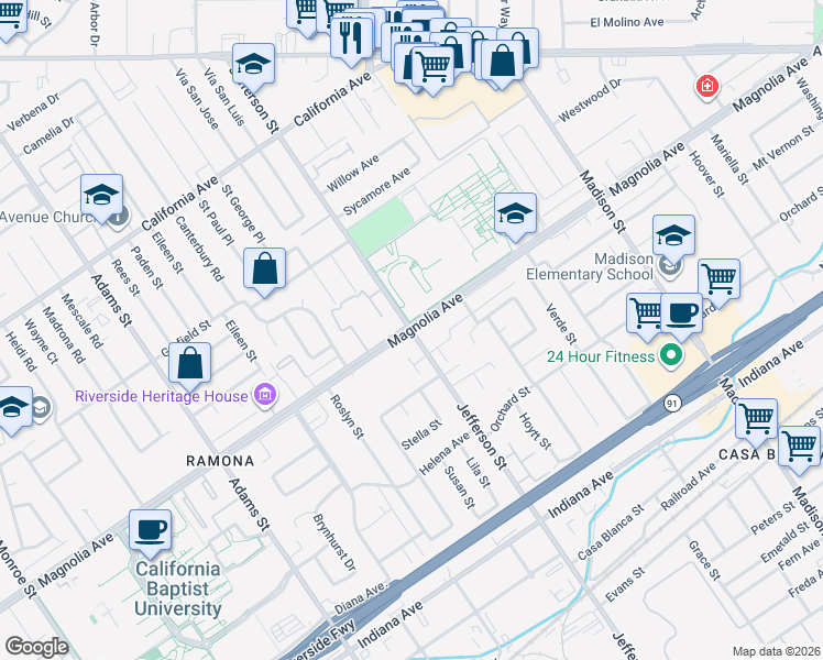 map of restaurants, bars, coffee shops, grocery stores, and more near Magnolia Avenue & Jefferson Street in Riverside