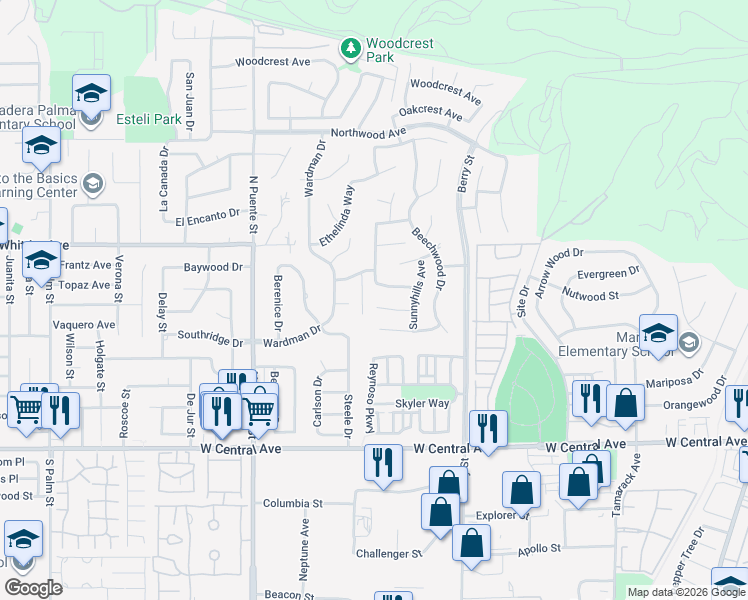 map of restaurants, bars, coffee shops, grocery stores, and more near 887 Vista Circle in Brea