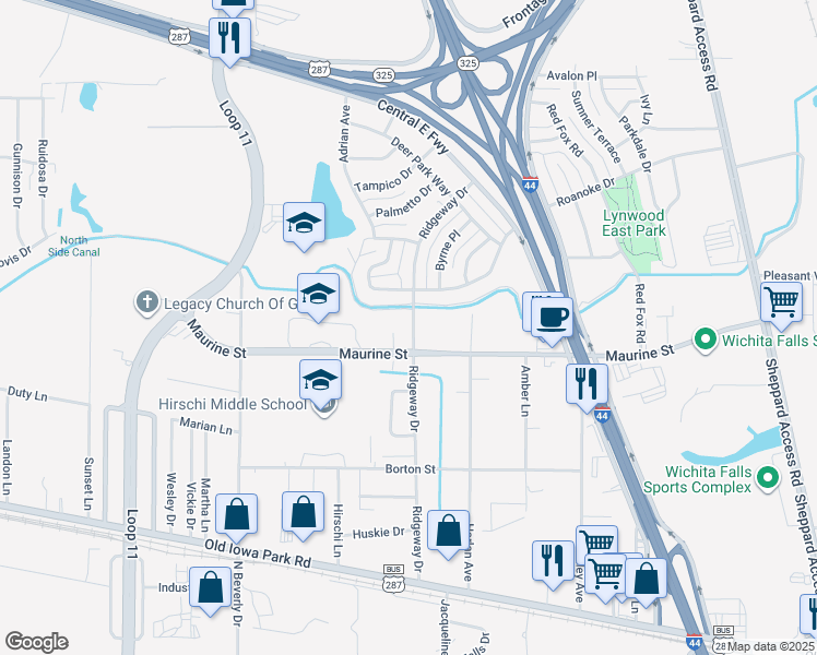 map of restaurants, bars, coffee shops, grocery stores, and more near 1200 Ridgeway Drive in Wichita Falls