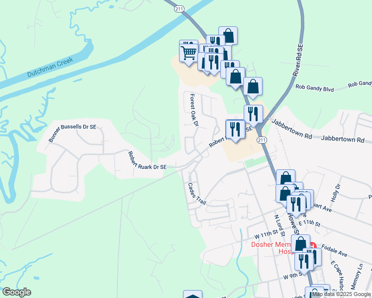 map of restaurants, bars, coffee shops, grocery stores, and more near 275 Bonnet Way Southeast in Southport