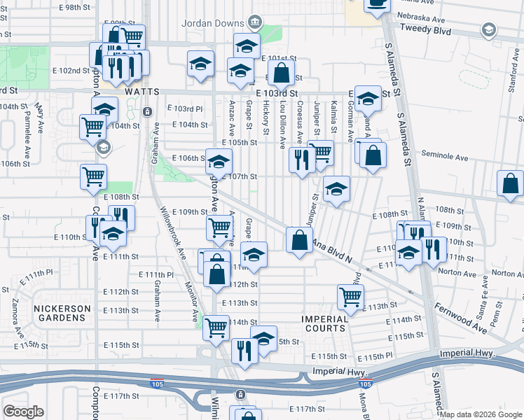 map of restaurants, bars, coffee shops, grocery stores, and more near 10819 Hickory Street in Los Angeles