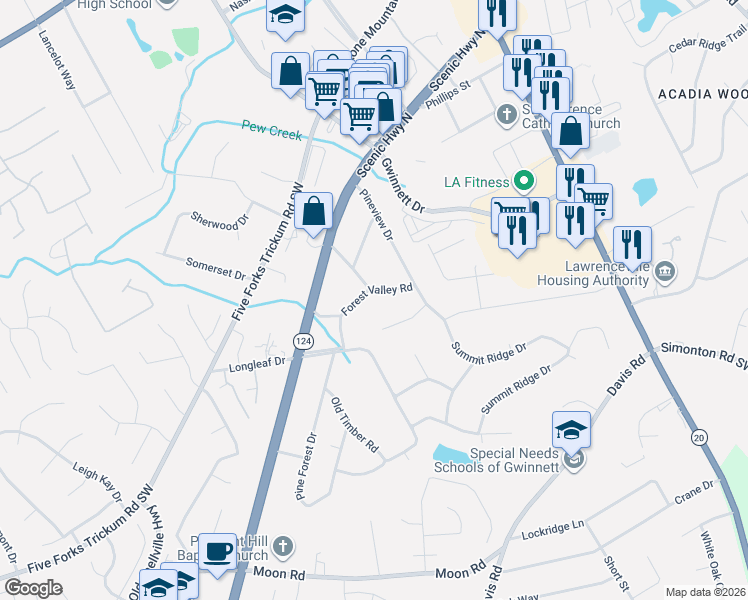 map of restaurants, bars, coffee shops, grocery stores, and more near 211 Forest Valley Road in Lawrenceville