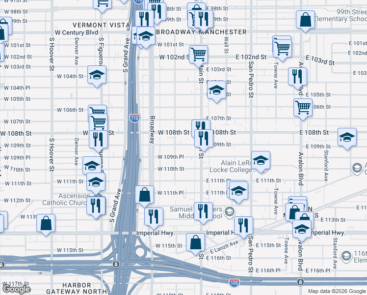map of restaurants, bars, coffee shops, grocery stores, and more near 142 West 109th Street in Los Angeles