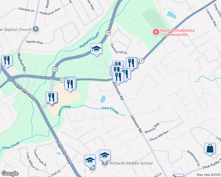 map of restaurants, bars, coffee shops, grocery stores, and more near 222 August West Way in Lawrenceville