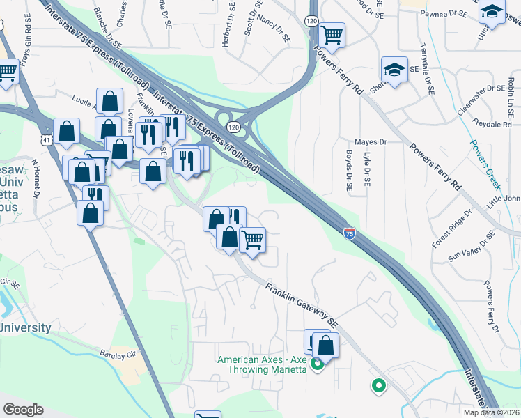 map of restaurants, bars, coffee shops, grocery stores, and more near 707 Twin Brooks Court in Marietta