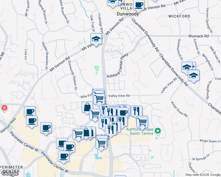 map of restaurants, bars, coffee shops, grocery stores, and more near 4867 Ashford Dunwoody Road in Dunwoody
