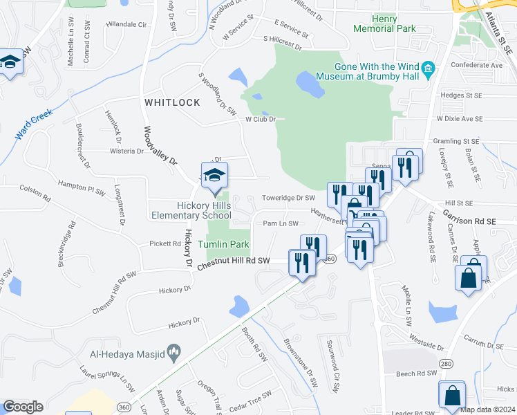 map of restaurants, bars, coffee shops, grocery stores, and more near 396 Promenade Court in Marietta