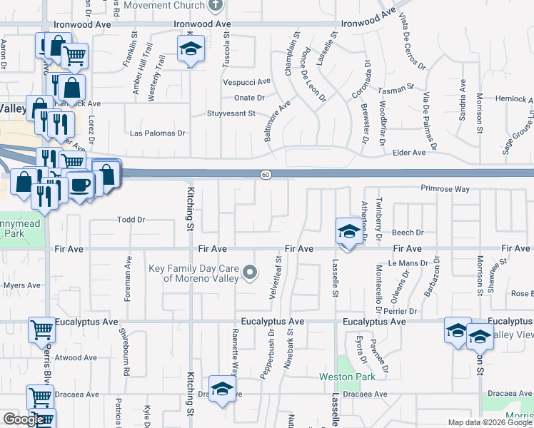 map of restaurants, bars, coffee shops, grocery stores, and more near 12605 Bluntleaf Court in Moreno Valley