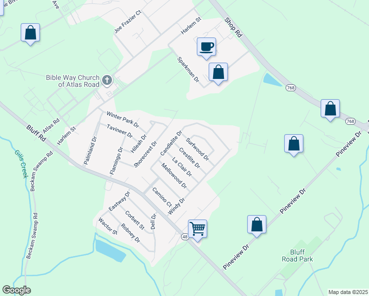 map of restaurants, bars, coffee shops, grocery stores, and more near 4316 Surfwood Drive in Columbia