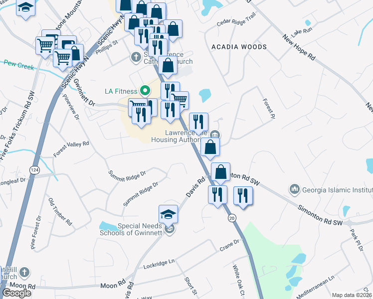 map of restaurants, bars, coffee shops, grocery stores, and more near 552 Grayson Highway in Lawrenceville