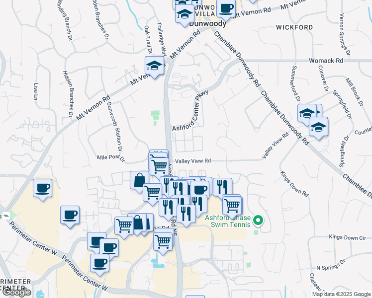 map of restaurants, bars, coffee shops, grocery stores, and more near 1231 Ashford Center Parkway in Atlanta