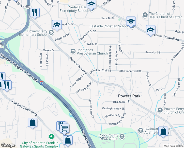 map of restaurants, bars, coffee shops, grocery stores, and more near 595 Saint James Walk Southeast in Marietta