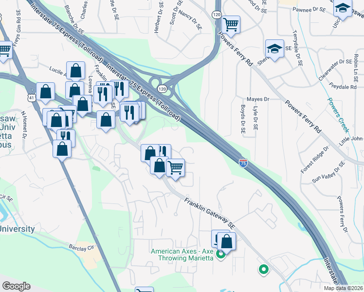 map of restaurants, bars, coffee shops, grocery stores, and more near 707 Twin Brooks Court in Marietta
