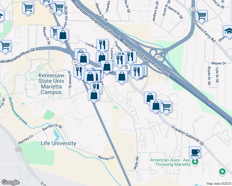 map of restaurants, bars, coffee shops, grocery stores, and more near 605 Wylie Road Southeast in Marietta