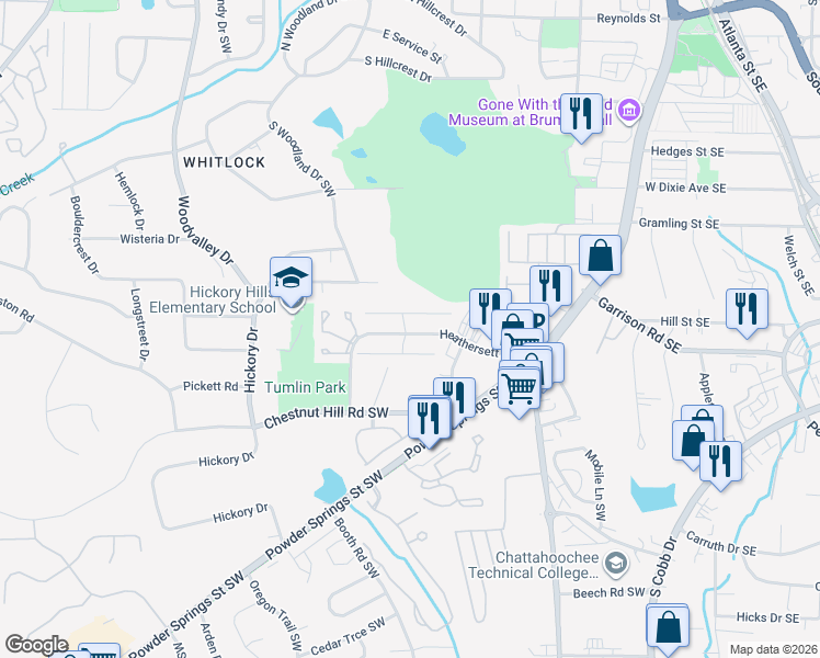 map of restaurants, bars, coffee shops, grocery stores, and more near 268 Toweridge Drive Southwest in Marietta