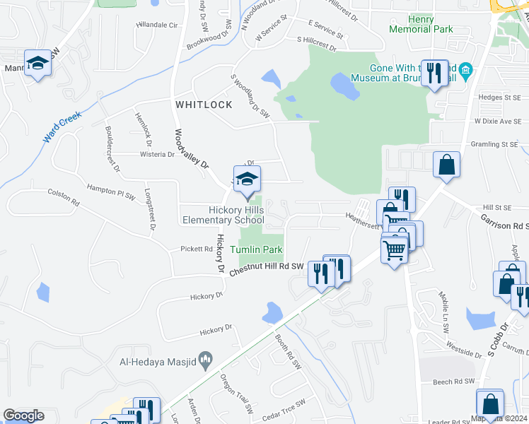 map of restaurants, bars, coffee shops, grocery stores, and more near 383 Redwood Drive in Marietta