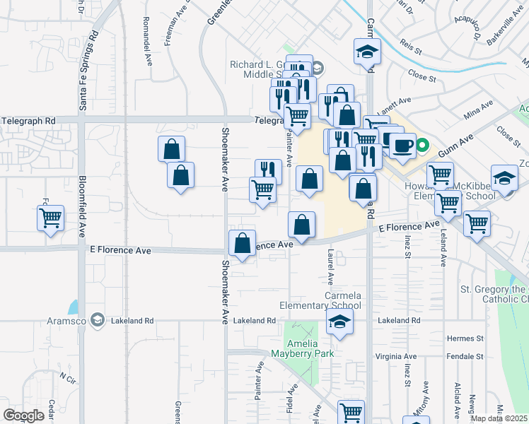 map of restaurants, bars, coffee shops, grocery stores, and more near 13168 Sandoval Street in Santa Fe Springs
