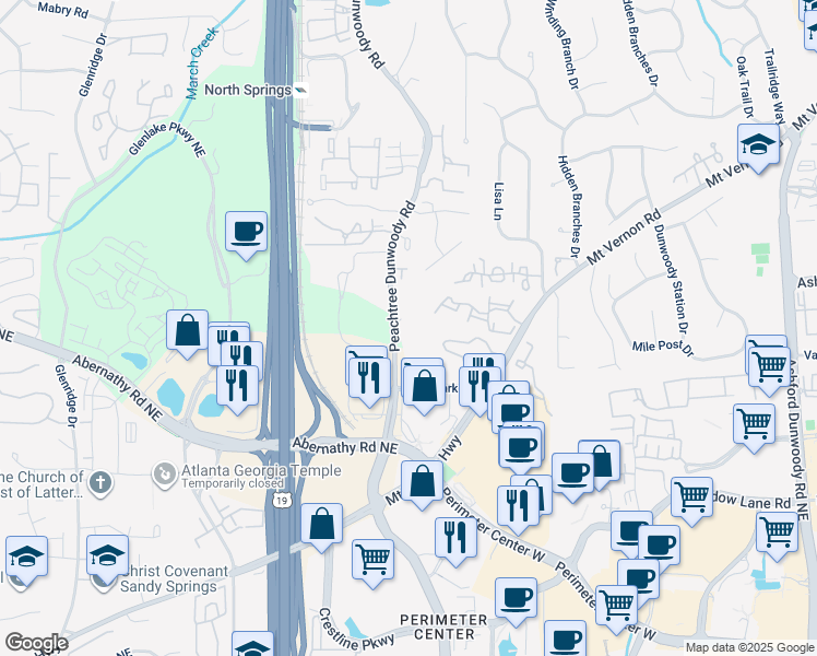map of restaurants, bars, coffee shops, grocery stores, and more near 6655 Peachtree Dunwoody Road in Atlanta