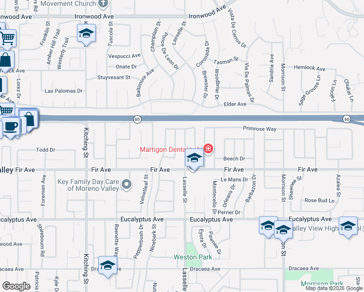 map of restaurants, bars, coffee shops, grocery stores, and more near 12613 Mulberry Lane in Moreno Valley