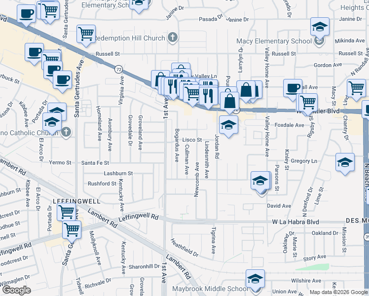 map of restaurants, bars, coffee shops, grocery stores, and more near 10702 Bogardus Avenue in Whittier