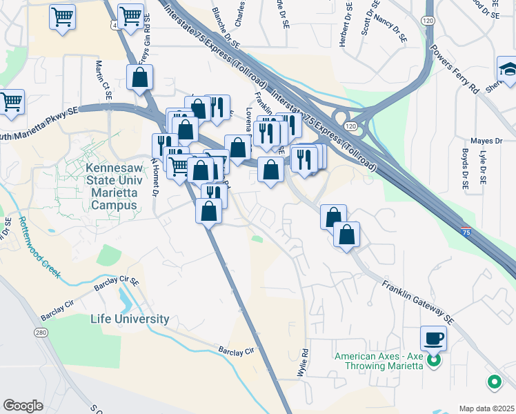 map of restaurants, bars, coffee shops, grocery stores, and more near 605 Wylie Road Southeast in Marietta