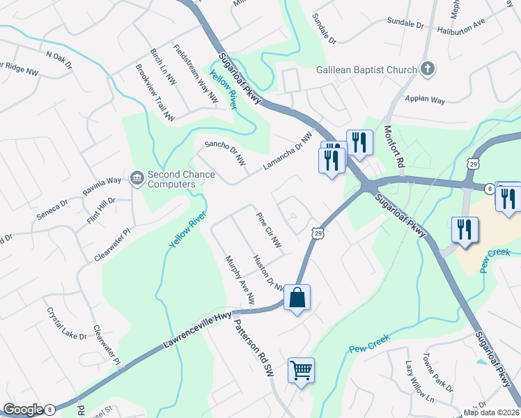 map of restaurants, bars, coffee shops, grocery stores, and more near 1622 Pine Circle Northwest in Lawrenceville