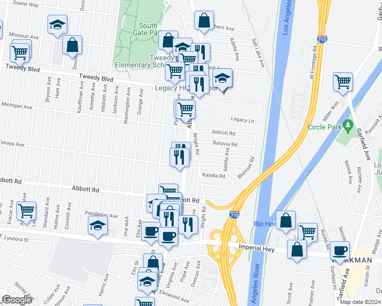 map of restaurants, bars, coffee shops, grocery stores, and more near 10312 Atlantic Avenue in South Gate