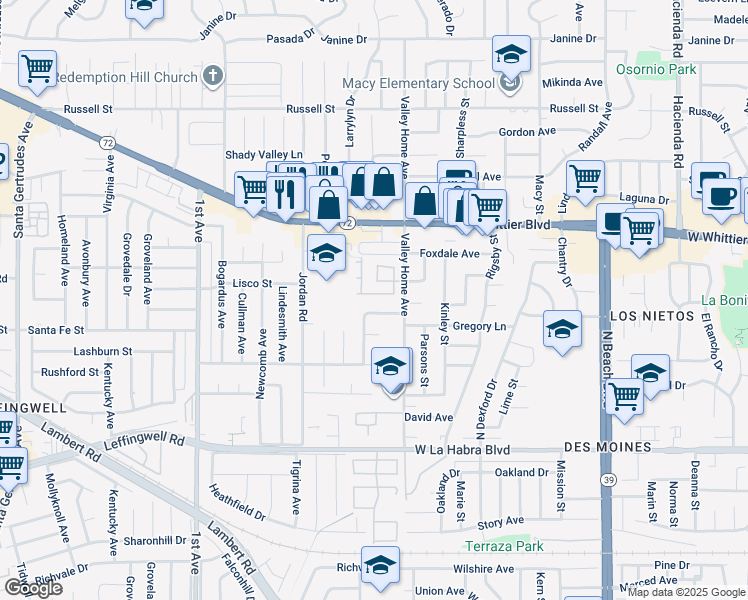 map of restaurants, bars, coffee shops, grocery stores, and more near 16536 Windsor Avenue in Whittier