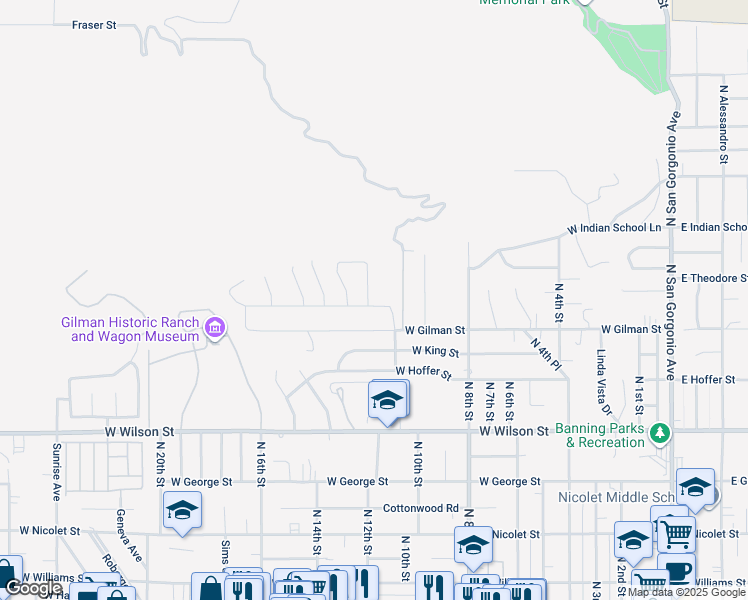 map of restaurants, bars, coffee shops, grocery stores, and more near 1213 Butterfly Way in Banning