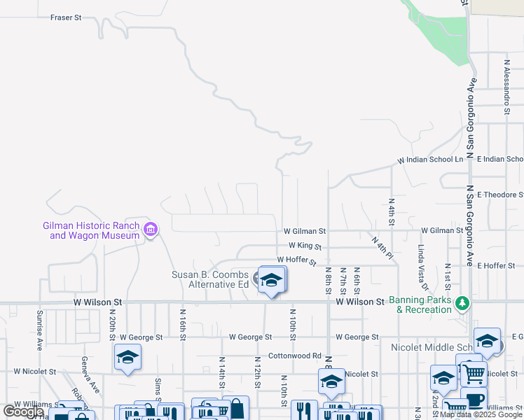 map of restaurants, bars, coffee shops, grocery stores, and more near 1318 Horned Owl Street in Banning