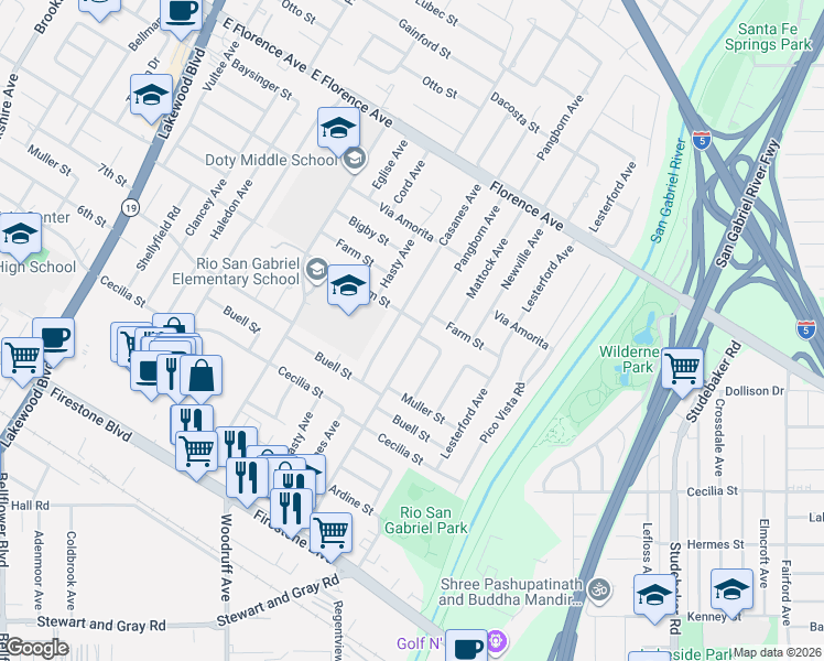 map of restaurants, bars, coffee shops, grocery stores, and more near 10512 Casanes Avenue in Downey